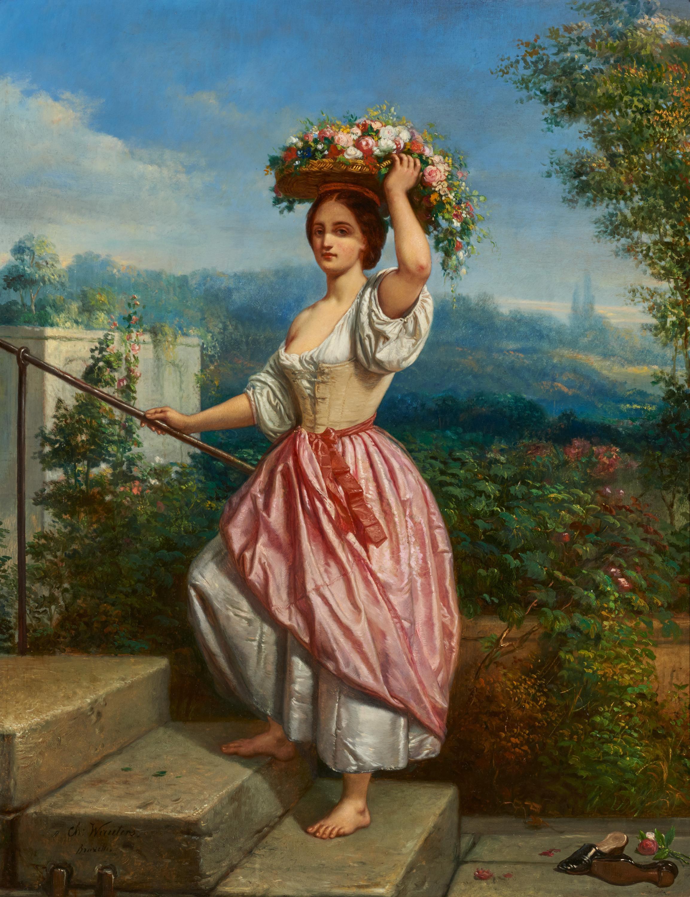 Charles Augustin Wauters - Die Römerin. Junge Dame mit Blumenkorb im Garten.