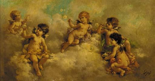 Charles Augustus Henry Lutyens - Putti blowing bubbles in the clouds