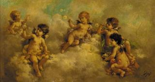 Charles Augustus Henry Lutyens - Putti blowing bubbles in the clouds