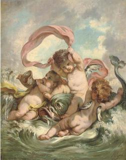Charles Augustus Henry Lutyens - Putti Disporting With A Fish In A Seascape