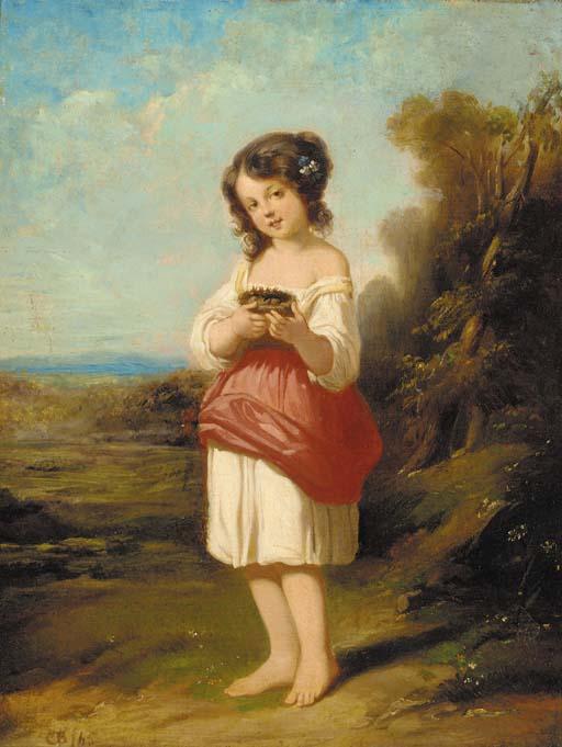 Charles Baxter, R.B.A. - A girl with a bird\'s nest in a landscape
