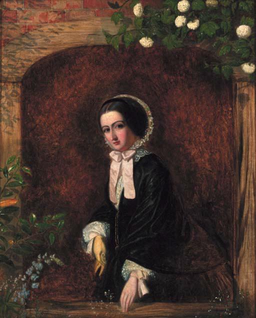 Charles Baxter - A portrait of a young woman, small three-quarter-length, in a black dress and bonnet, at a casement