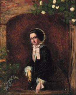 Charles Baxter - A portrait of a young woman, small three-quarter-length, in a black dress and bonnet, at a casement