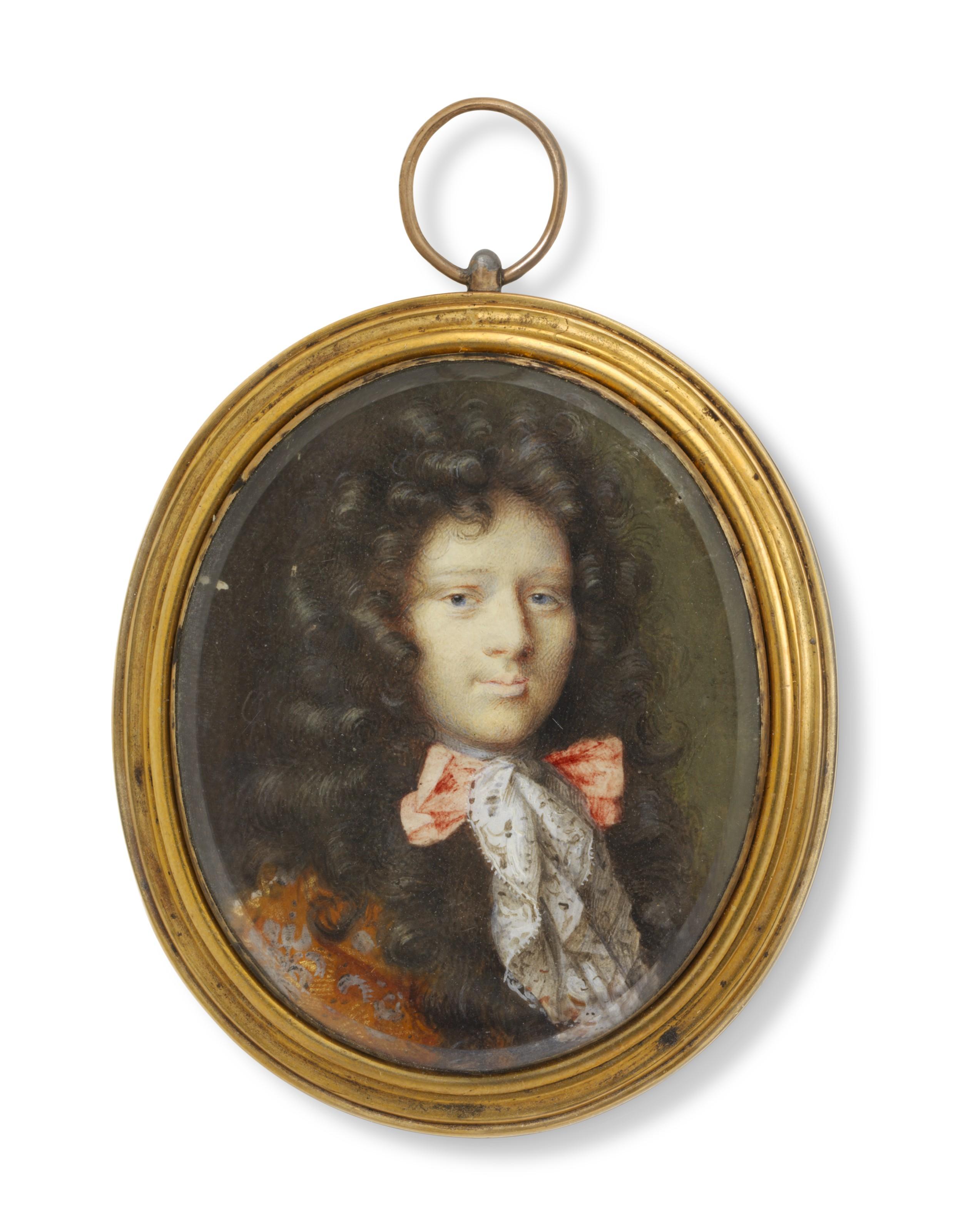 Charles Beale - A gentleman with blue eyes, in gold brocade, lace jabot and red bow, long curling wig