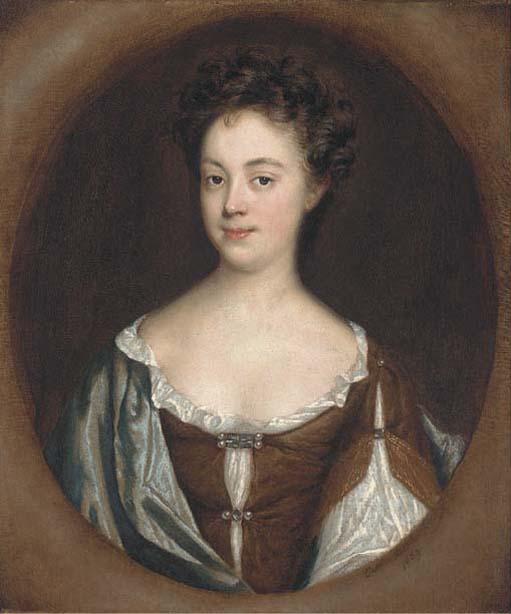 Charles Beale - Portrait of a lady, traditionally identified as Lady Darnell, bust-length, in a brown and white dress, with a blue wrap, in a painted oval
