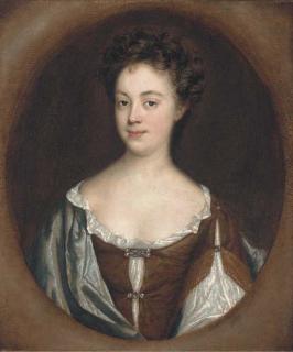 Charles Beale - Portrait of a lady, traditionally identified as Lady Darnell, bust-length, in a brown and white dress, with a blue wrap, in a painted oval