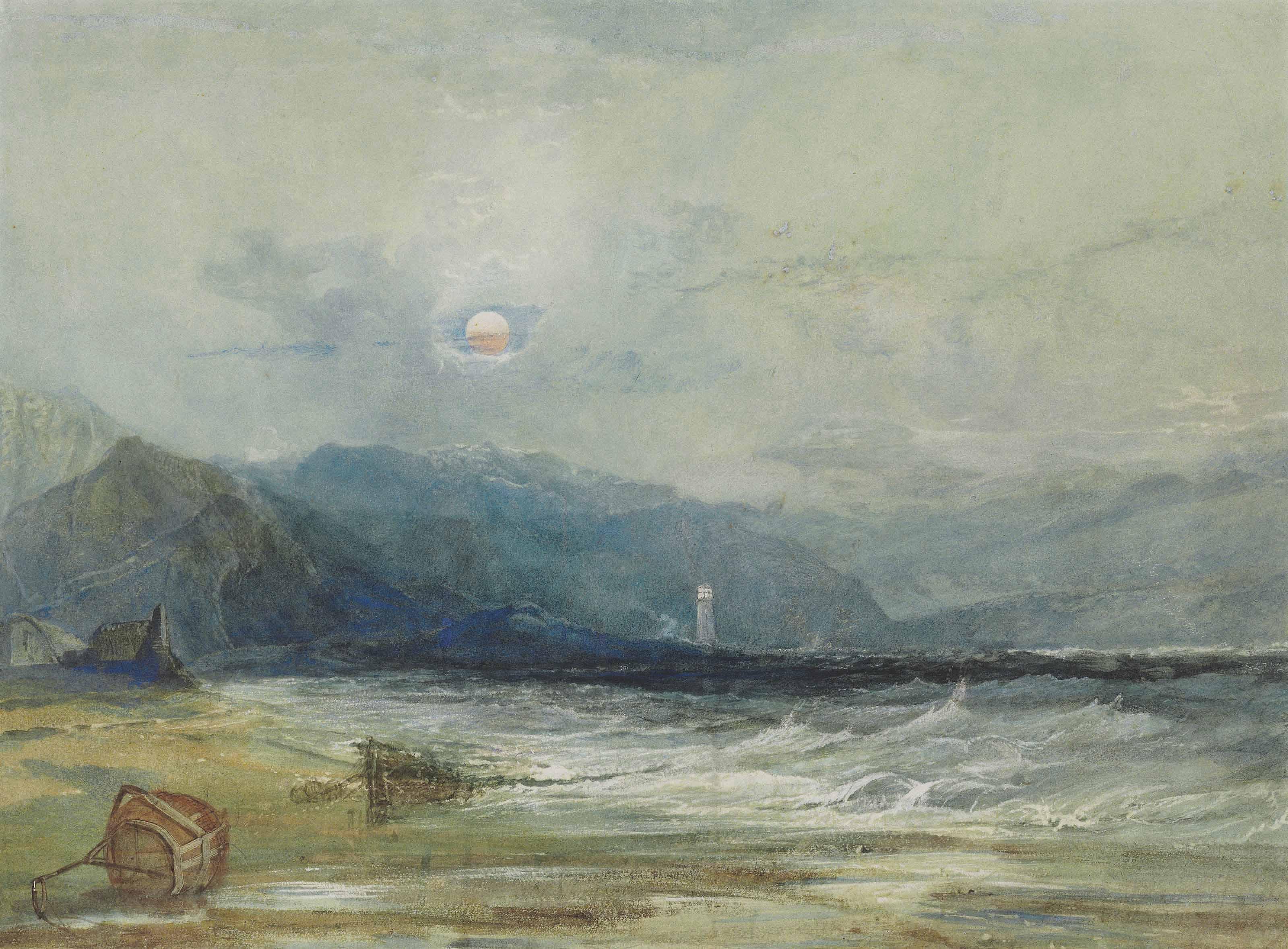 Charles Bentley, O.W.S. - A Lighthouse Seen Across A Bay
