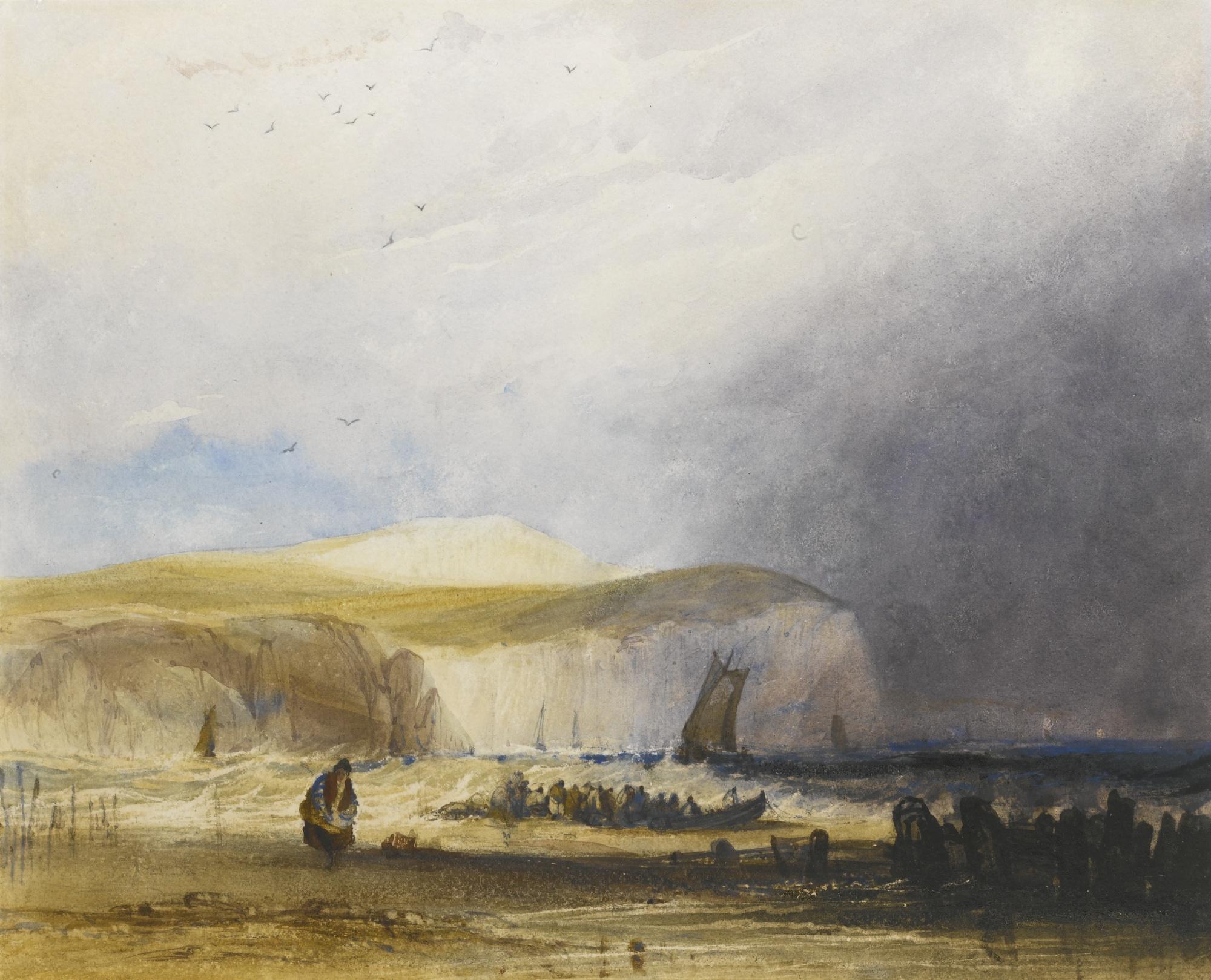 Charles Bentley, O.W.S. - A Squall Approaching The Northern French Coast; Together With Fishing Boats At Sunset Off A Harbour