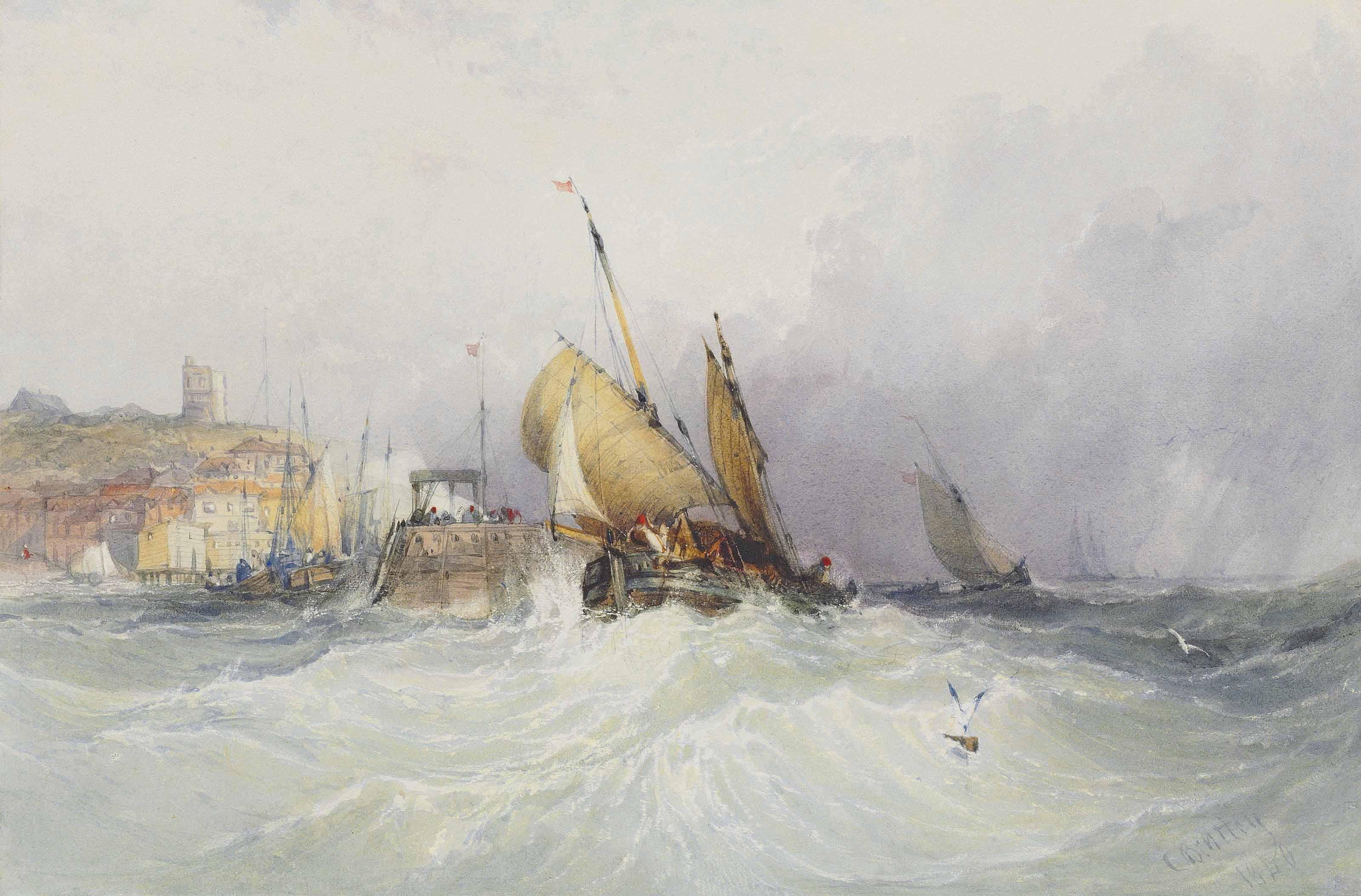 Charles Bentley, O.W.S. - Shipping At The Mouth Of A French Harbour
