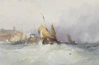 Charles Bentley, O.W.S. - Shipping At The Mouth Of A French Harbour