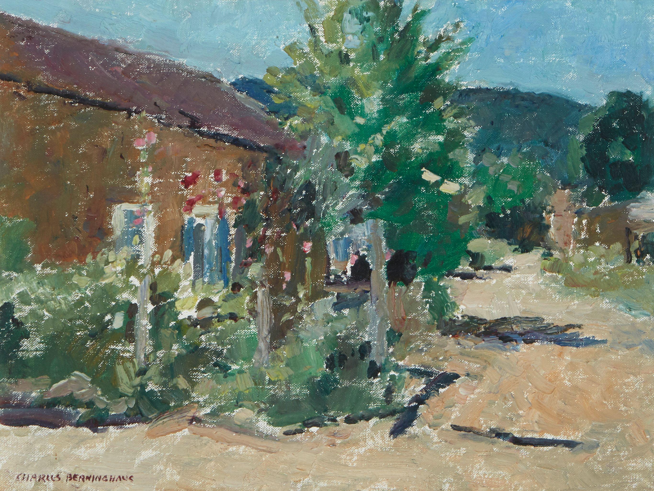 Charles Berninghaus - Hollyhocks Blooming in New Mexico (Corner at Mora, New Mexico)