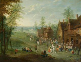 Charles Beschey - Dörfliche Landschaft mit Reisenden und feiernden Bauern