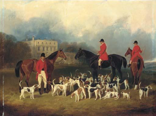 Charles Bilger Spalding - Group Portrait of Augustus Cranley Onslow, Master of The Hampshire Hunt Hounds, N. Cox, Huntsman And George Cox., Whipper In, With Horses And Hounds, Upton House, Alresford, Hampshire, Beyond