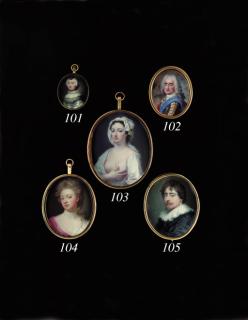 Charles Boit - Sarah, Duchess of Marlborough (1660-1744), facing left in spotted white day-gown with pink cloak draped over her right shoulder, her long fair hair falling in a curl over her left shoulder