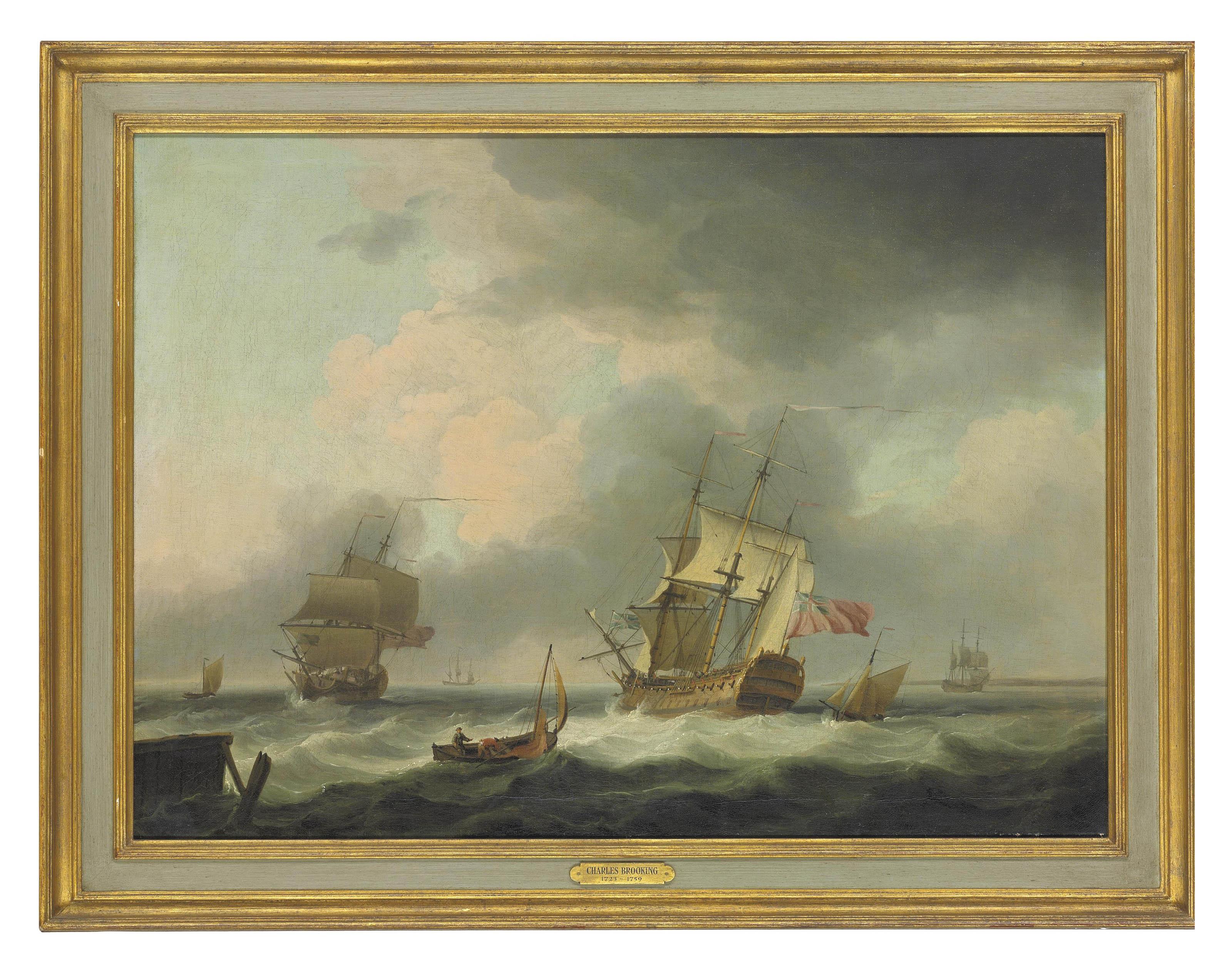 Charles Brooking - A \'74\' and a frigate in a stiff breeze in the Channel, with coastal craft and other shipping beyond