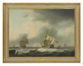 Charles Brooking - A \'74\' and a frigate in a stiff breeze in the Channel, with coastal craft and other shipping beyond
