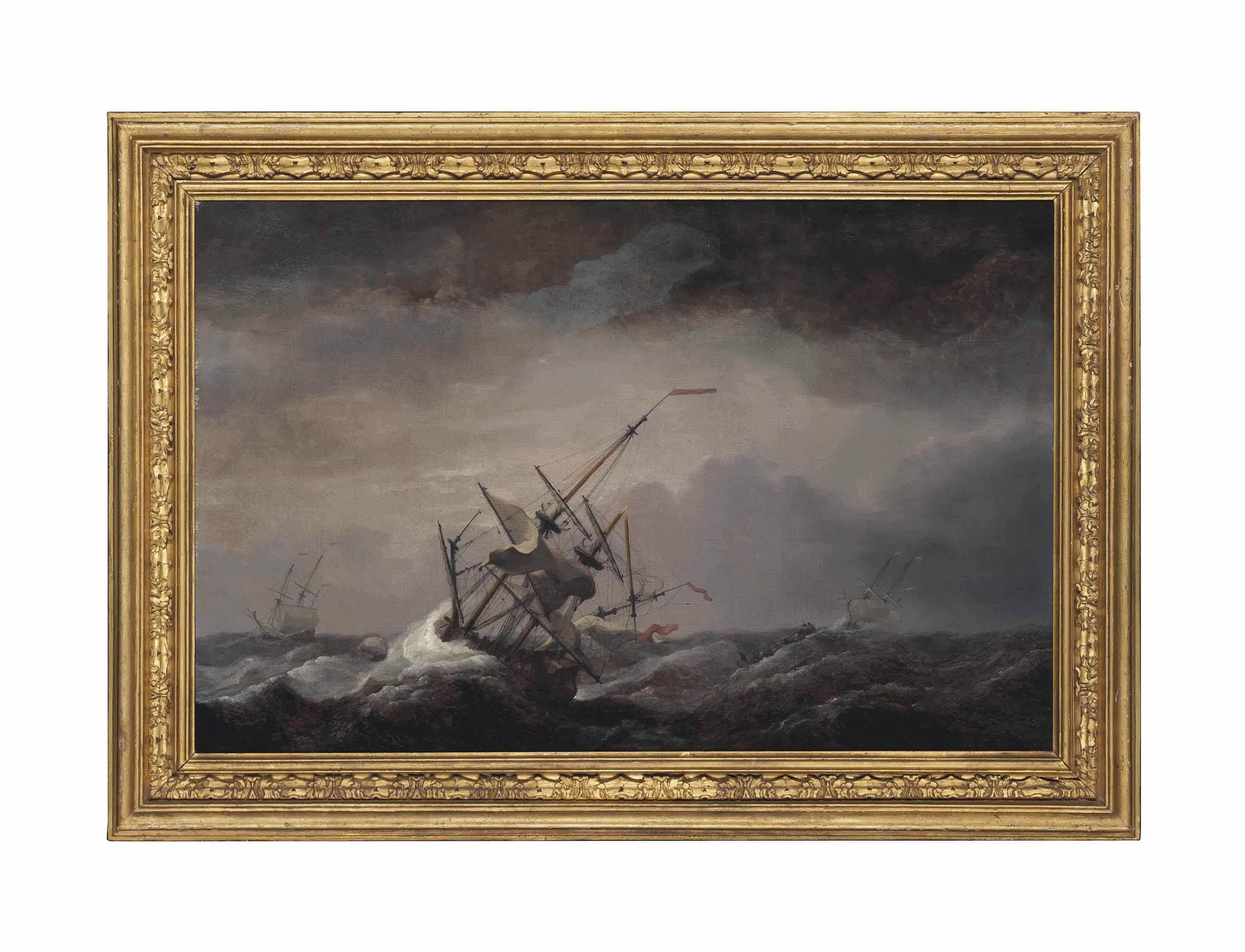 Charles Brooking - A Dismasted English Ship At Sea Driven Before A Gale, Her Headsails Aback, With Other Ships In A Heavy Sea