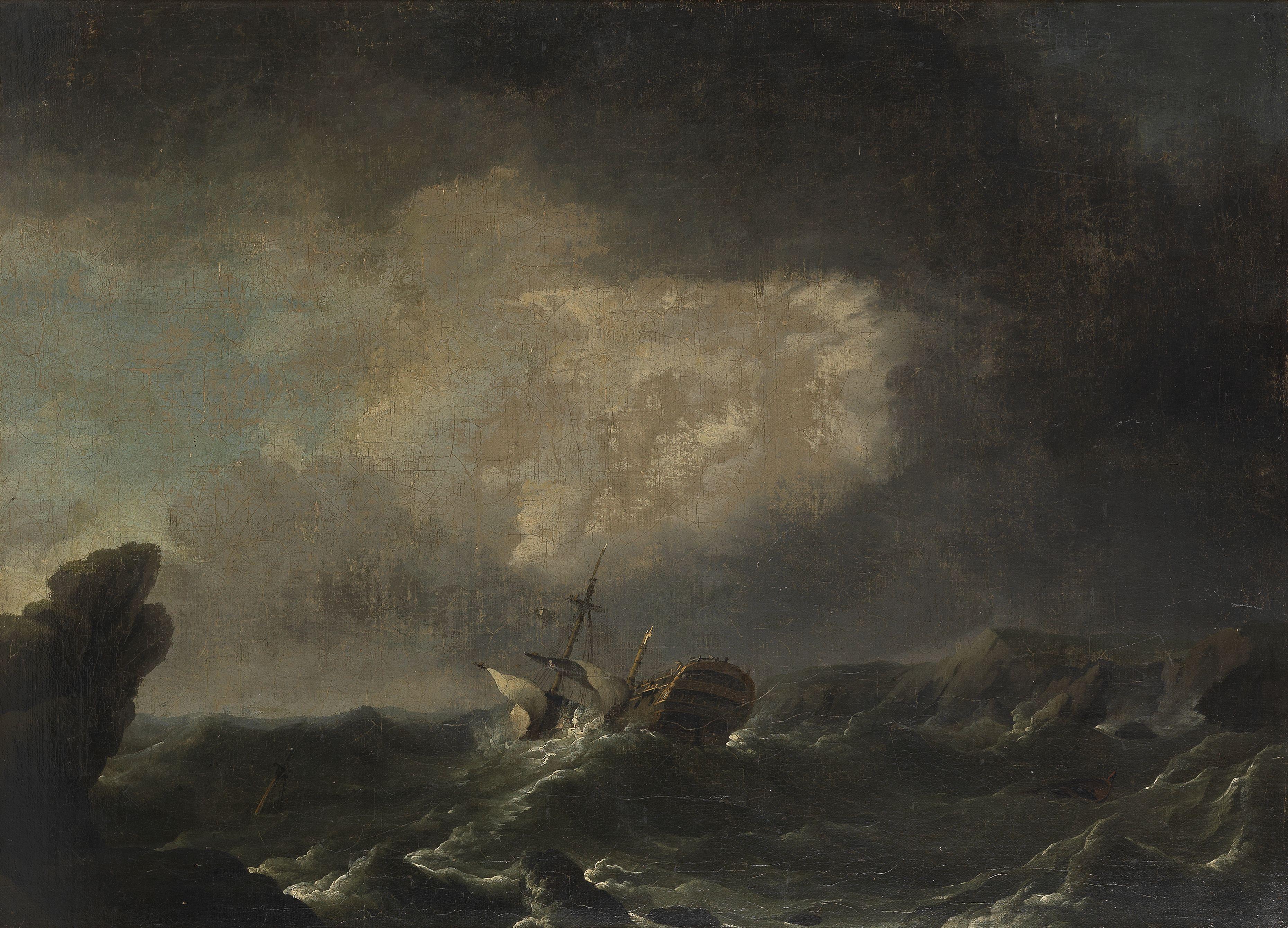 Charles Brooking - A dismasted ship driving ashore in a gale