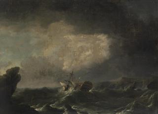 Charles Brooking - A dismasted ship driving ashore in a gale