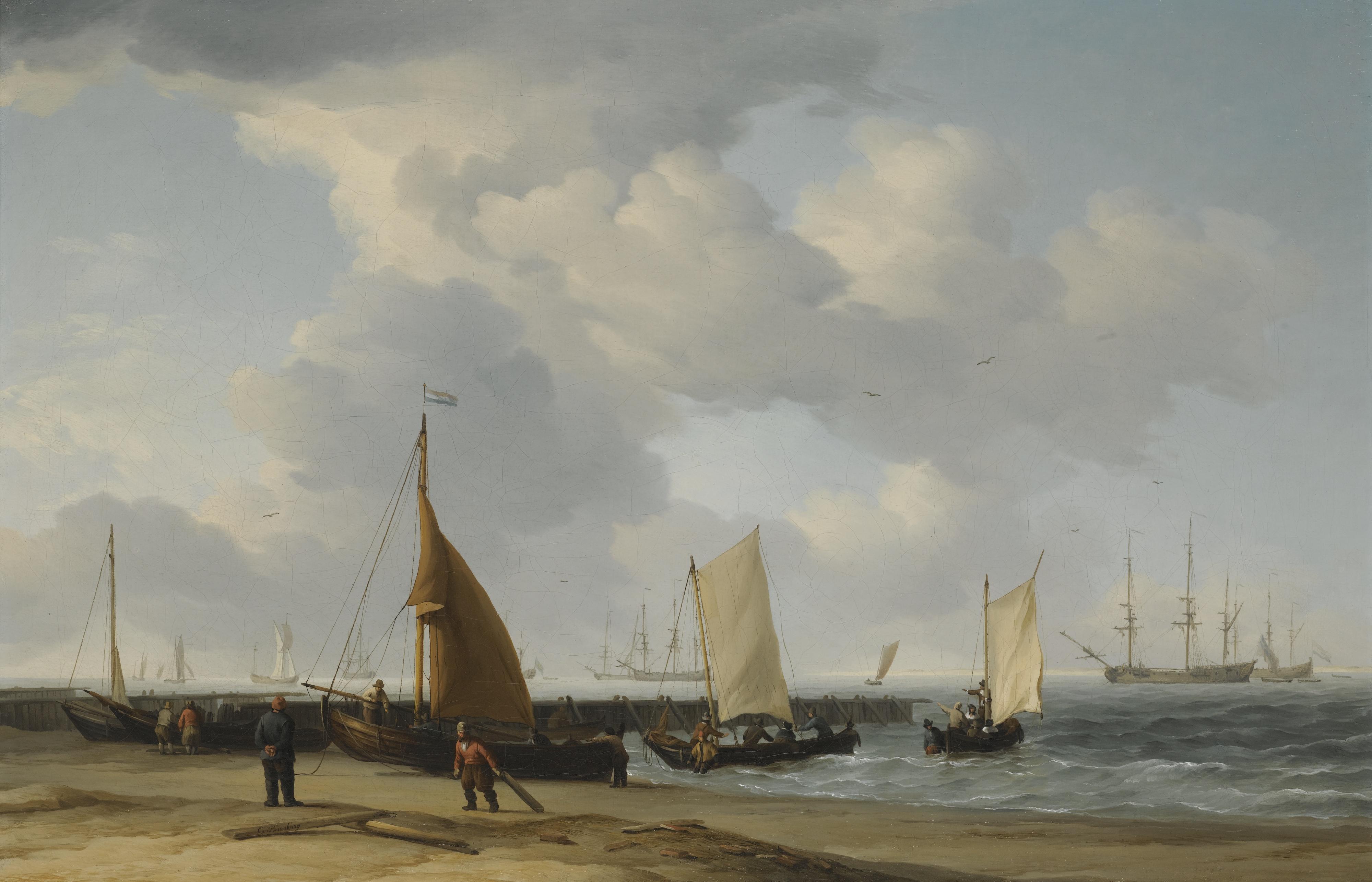Charles Brooking - A Dutch Fishing Pinck Hauled Up On The Beach, With Men Of War At Anchor In The Distance