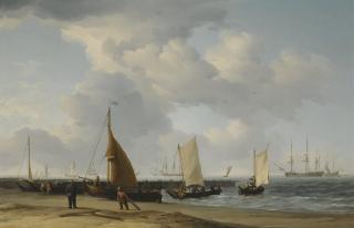 Charles Brooking - A Dutch Fishing Pinck Hauled Up On The Beach, With Men Of War At Anchor In The Distance