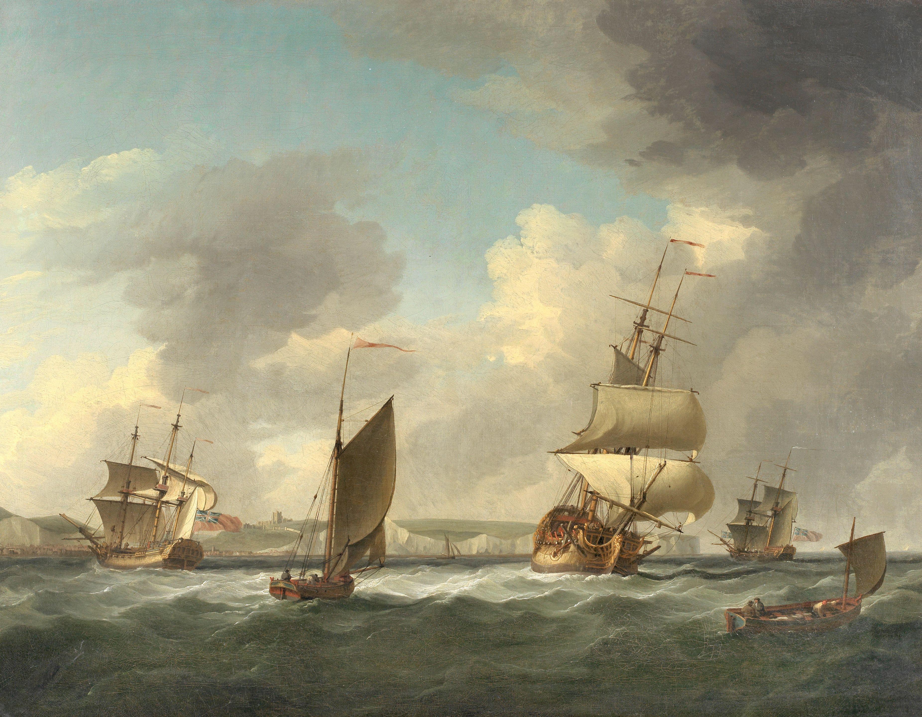 Charles Brooking - A naval squadron manoeuvring in a swell off Dover 71.1 x 91.5cm (28 x 36in) in a carved frame