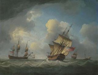 Charles Brooking - A Royal Naval squadron of the Red offshore in a heavy swell