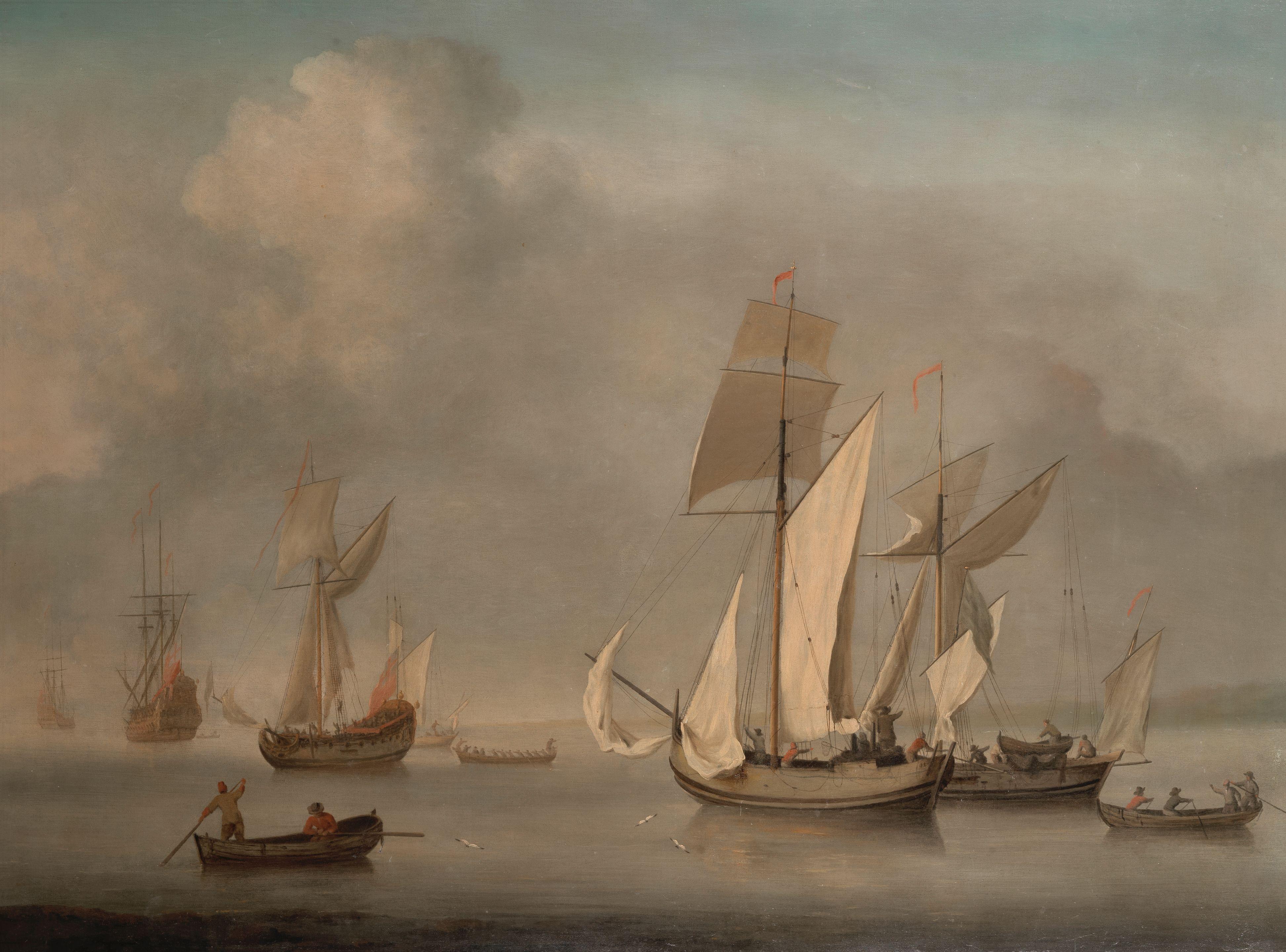 Charles Brooking - A royal yacht, men o\'war, and two galliots becalmed off a coast