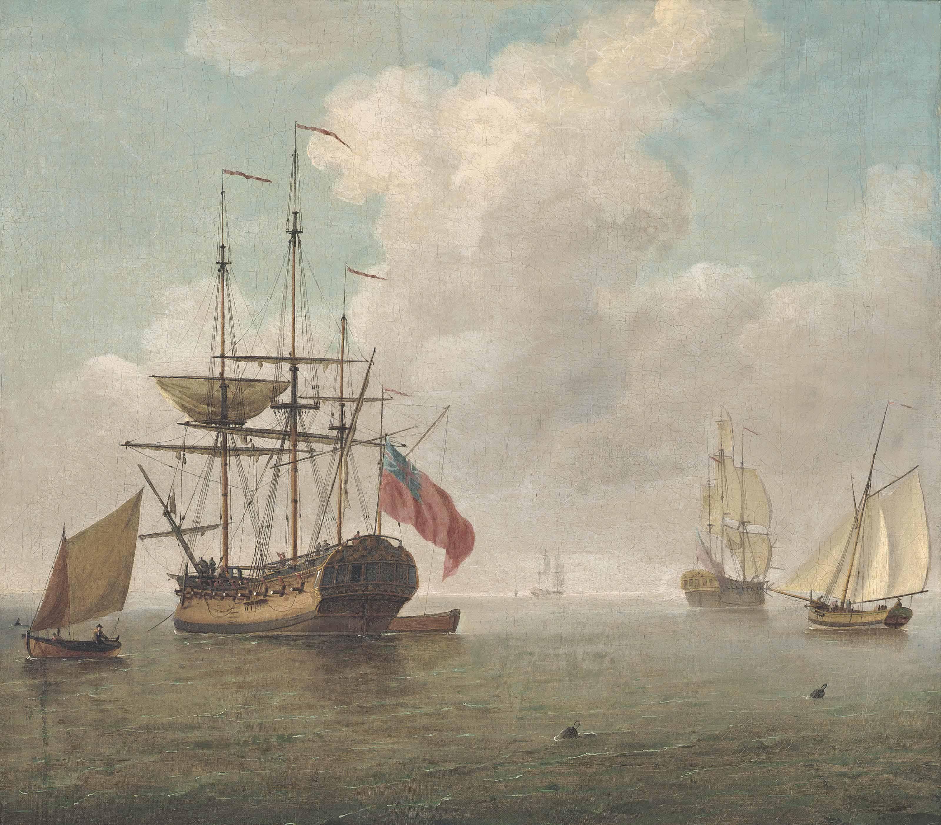 Charles Brooking - A Small Man-O\'War At Anchor With Cutters Under Sail