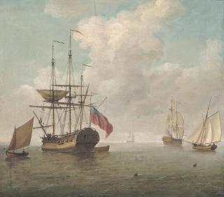 Charles Brooking - A Small Man-O\'War At Anchor With Cutters Under Sail