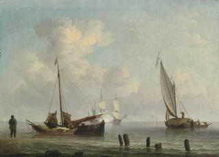 Charles Brooking - Dutch Fishing Kaags By A Shore, With A Man Of War Saluting