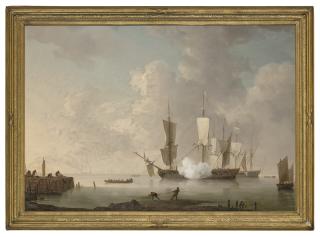 Charles Brooking - Frigates becalmed near the shore, firing a salute