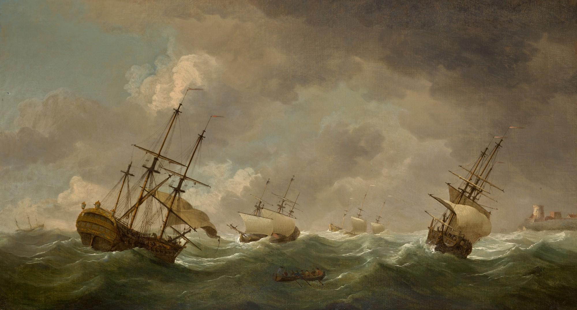 Charles Brooking - Frigates Shortening Sails Offshore