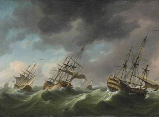 Charles Brooking - Men-O\'-War Reefed-Down And Riding Out A Gale