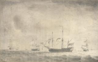 Charles Brooking - The King George disabled with privateers in chase