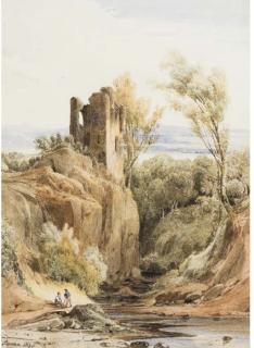 Charles Caïus Renoux - Deux Personnages Discutant Dans Un Paysage Avec Ruines Et Cours D\'Eau