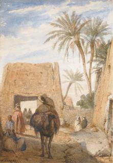 Charles Camino - Un homme à dos de chameau traversant un village arabe