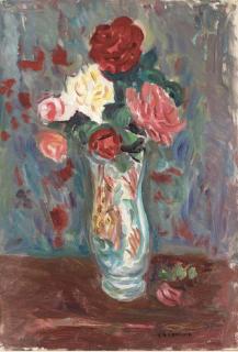 Charles Camoin - Bouquet de roses au pot de pharmacie