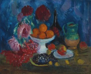 Charles Camoin - Compotier D\'Oranges, Bouteille Cruche Verte, Assiette De Raisins Noirs