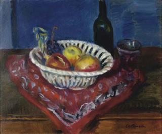 Charles Camoin - Coupe Blanche Aux Fruits Sur Foulard Rouge