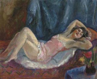 Charles Camoin - Femme Couchée Avec Une Combinaison Rose