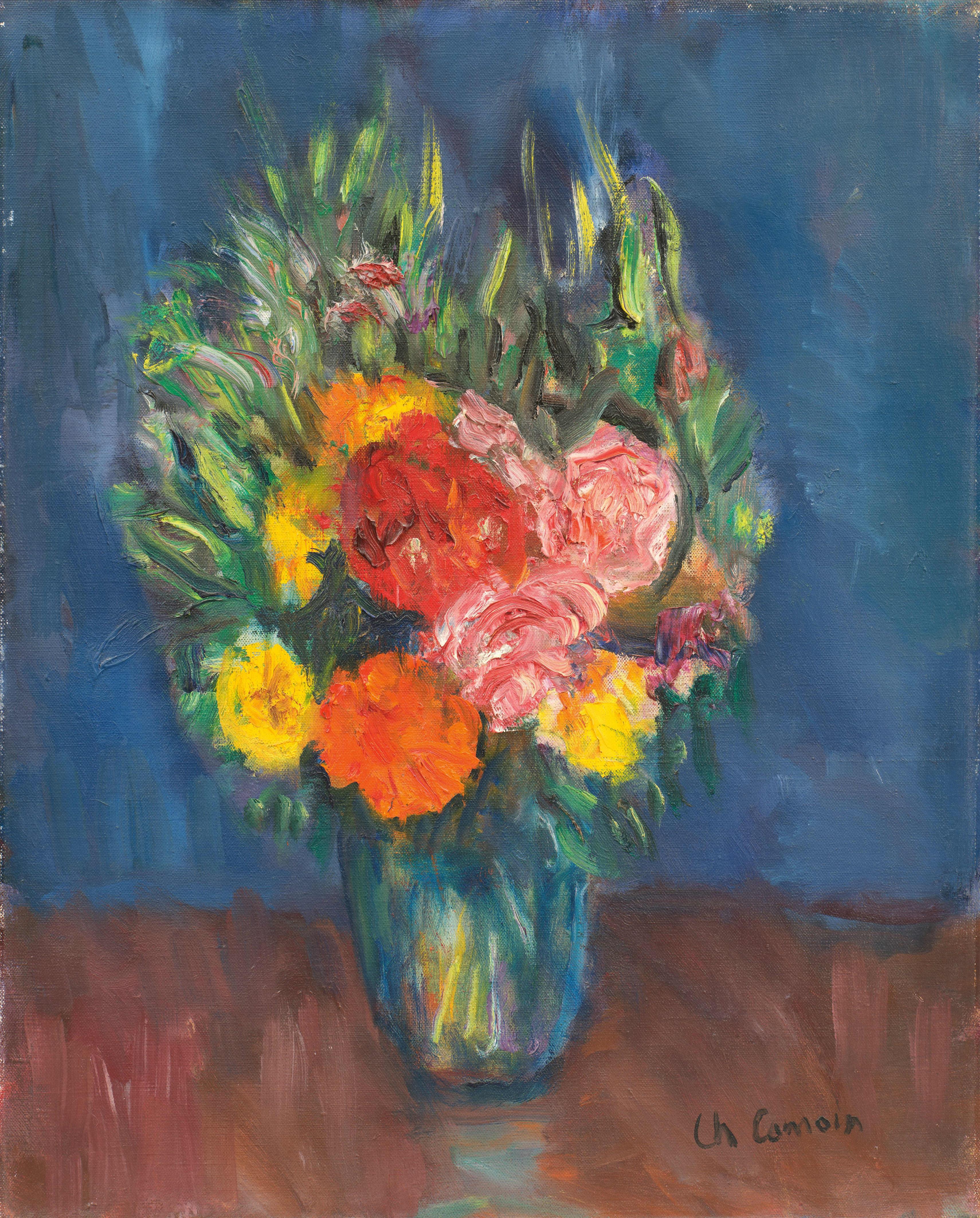 Charles Camoin - Fleurs sur fond bleu