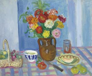 Charles Camoin - Le petit déjeuner au bouquet de dahlias et au panier de raisin