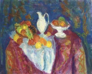Charles Camoin - Nature Morte À L\'Aiguière Blanche Et Au Compotier de Fruits Sur Fond Bleu