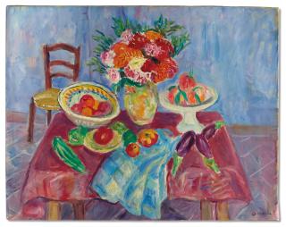 Charles Camoin - Nature Morte Au Compotier Blanc, Aux Pêches Et Aux Aubergines