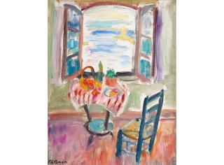 Charles Camoin - Nature morte au guéridon et chaise bleue devant la fenêtre de l\'atelier