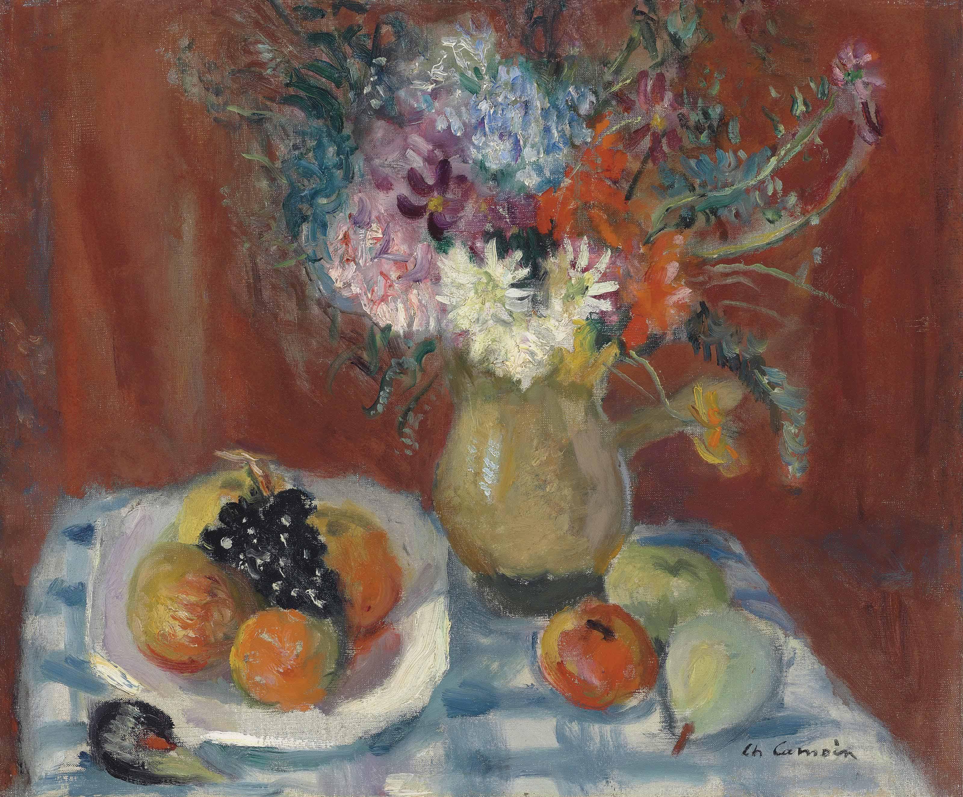 Charles Camoin - Pichet de fleurs et assiette de fruits