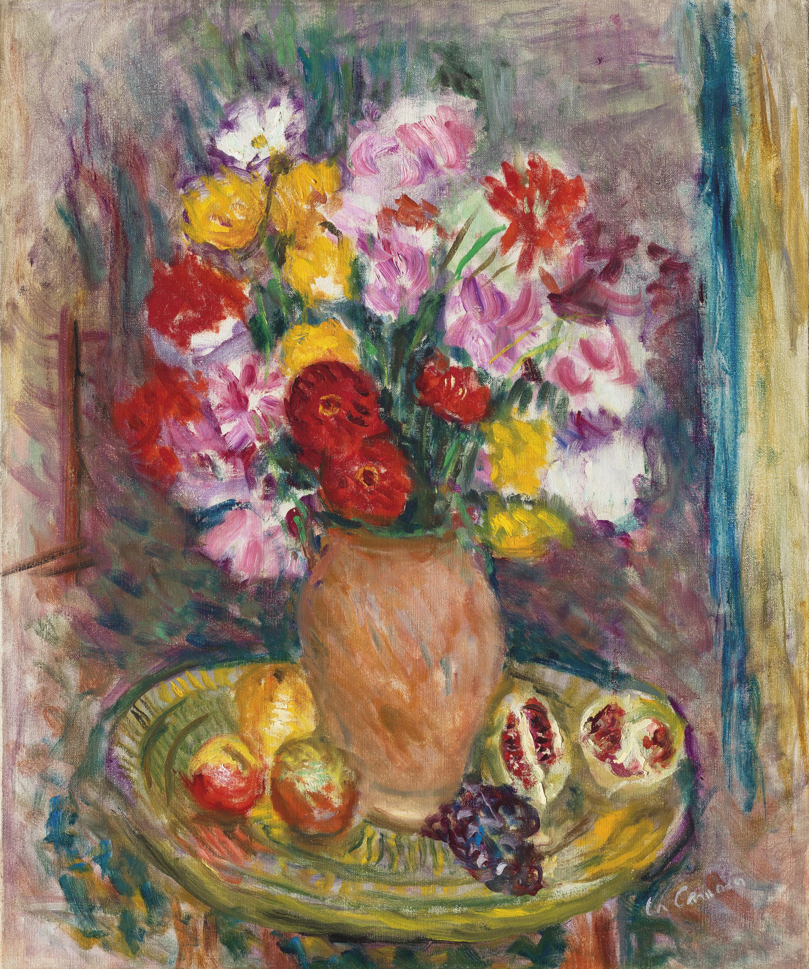 Charles Camoin - Pot de grès rose aux zinias et aux fruits sur un plateau