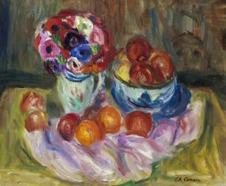 Charles Camoin - Vase de fleurs et coupe bleue aux fruits sur linge blanc