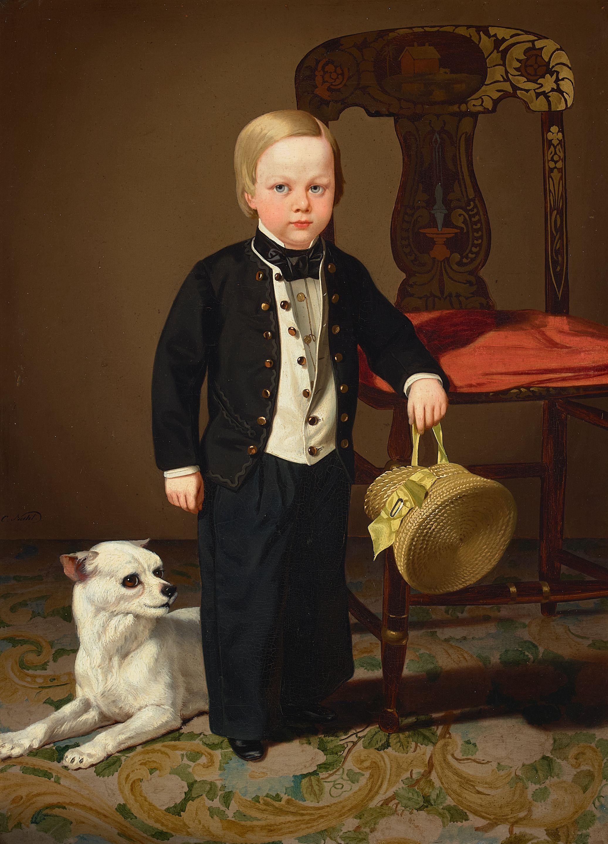 Charles Christian Nahl - Portrait of a Boy with Dog 26 x 19 in. framed 33 3/4 x 26 1/2 in.